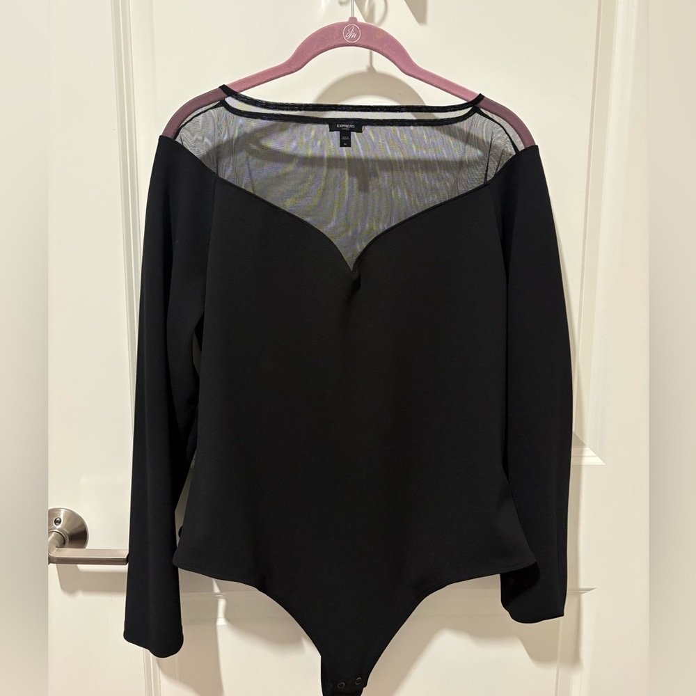 Express Black Long-Sleeve Top with Sheer Mesh Yoke